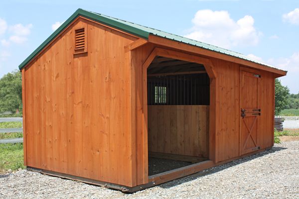 10x22 Horse Barn, Stained Wood Run-in Shed, Metal Roof, One Stall & One  Opening
