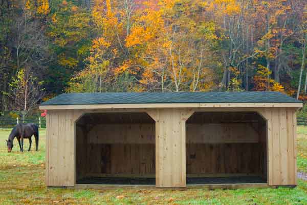 10x24 Run-in Horse Barn: Metal Roof & Wood Siding, Two 8x7 Openings  