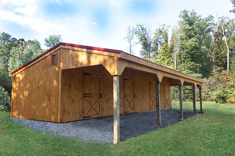 12x44 Shed Row Horse Barn with 10' Overhang, 3 Stalls and Tack Room