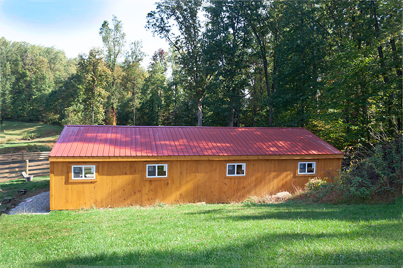 12x44 Shed Row Horse Barn, Stained Wood Siding & Metal Roof - Back View