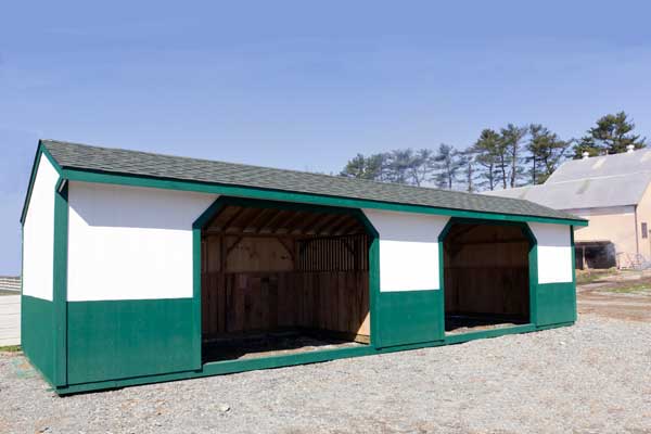 12x30 Horse Barn, Wood Run-in Shed.  Painted Brite White & Green. 