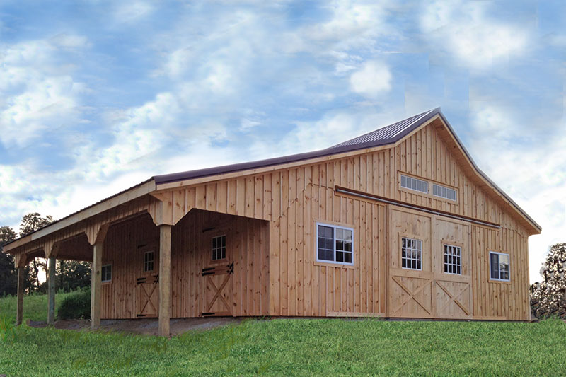 36x36 Modular Horse Barn, B&B Siding, Metal Roof  and 10' Overhang. Side view.
