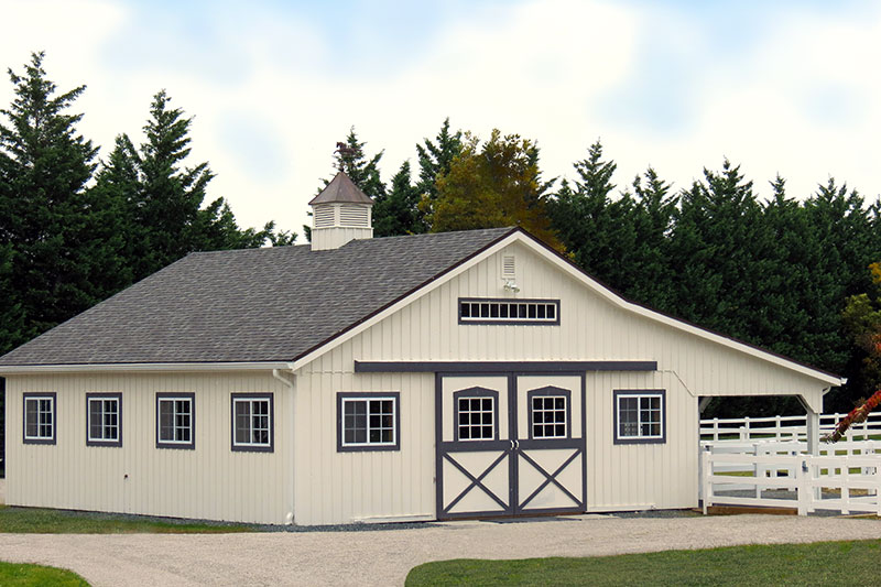 32x36 Modular Horse Barn with 12' Overhang, 4 Stalls, Tack & Wash