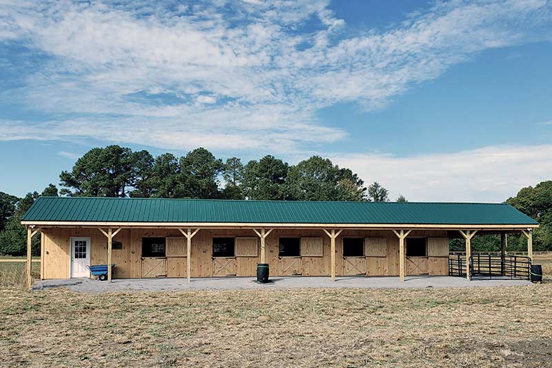 12' x 84 Shed Row Horse Barn - Five Stalls, Tack & Open Run-in