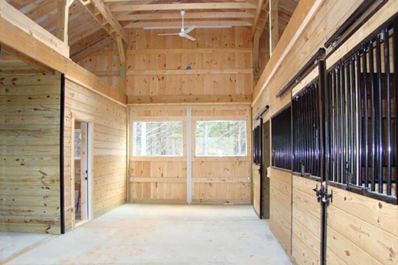 Inside Aisle  and Stall Fronts of 36 x 36 Horse Barn