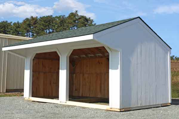 10x20 Horse Barn,  Pine Painted Run-in Shed, Green Shingles, 4' Overhang