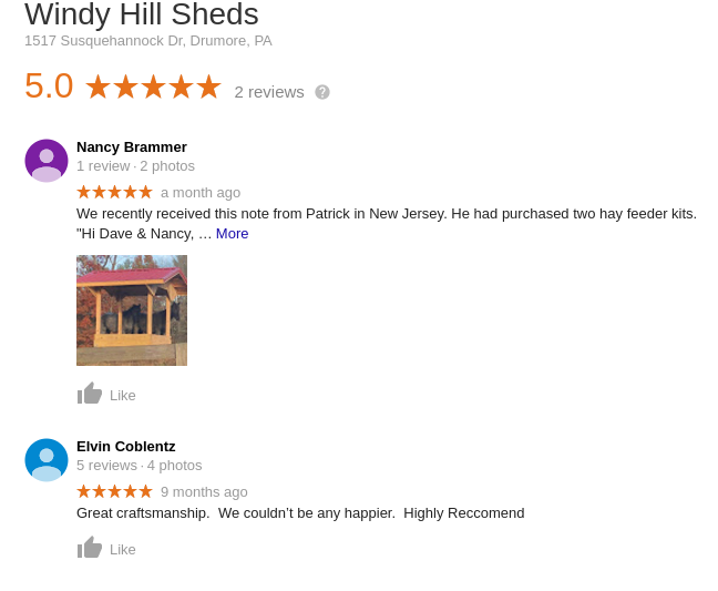 A link to google reviews for Windy Hill Sheds and Barns, Lancaster PA